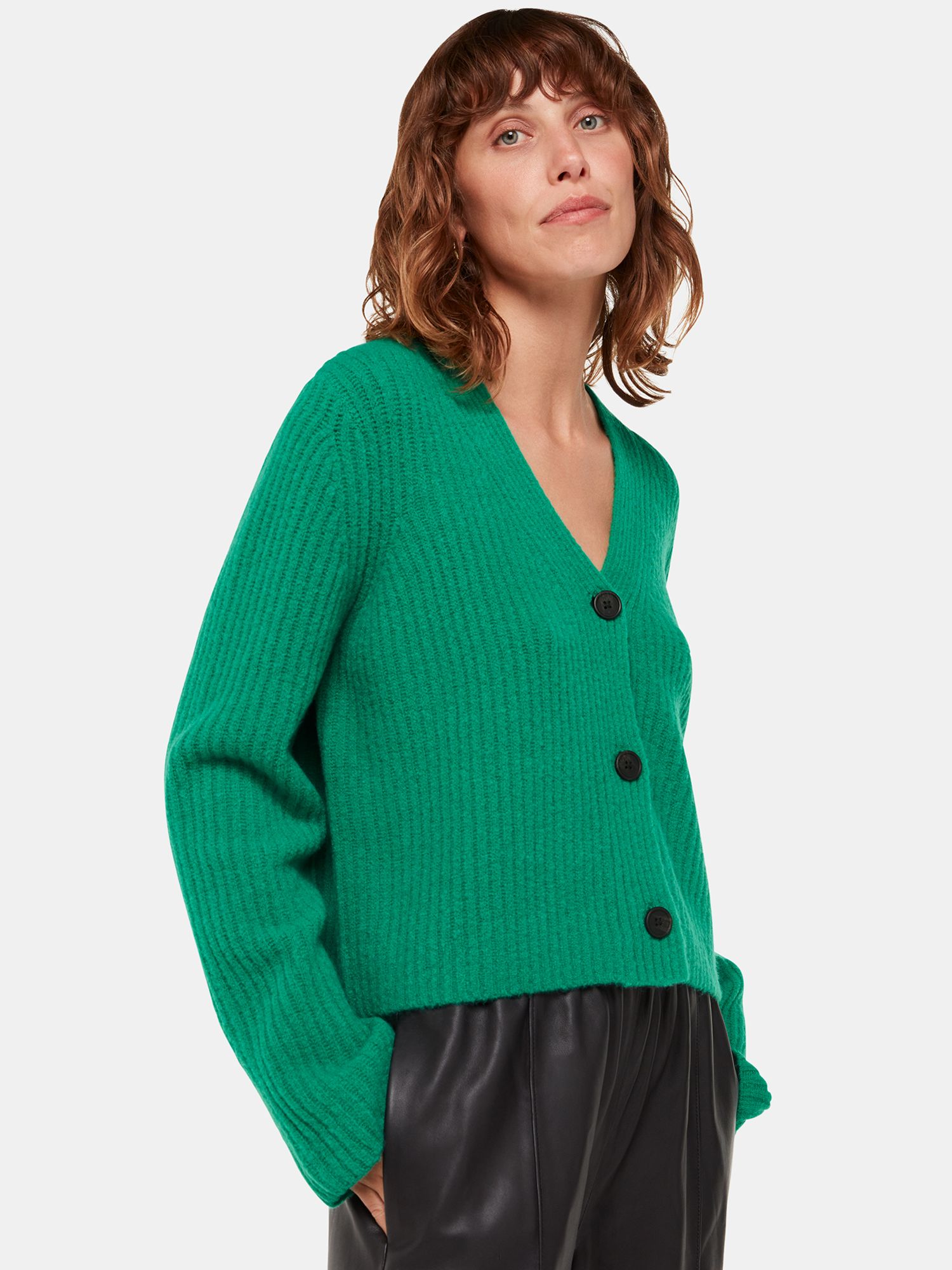 Whistles Wool Blend Ribbed V-Neck Cardigan, Green, XS