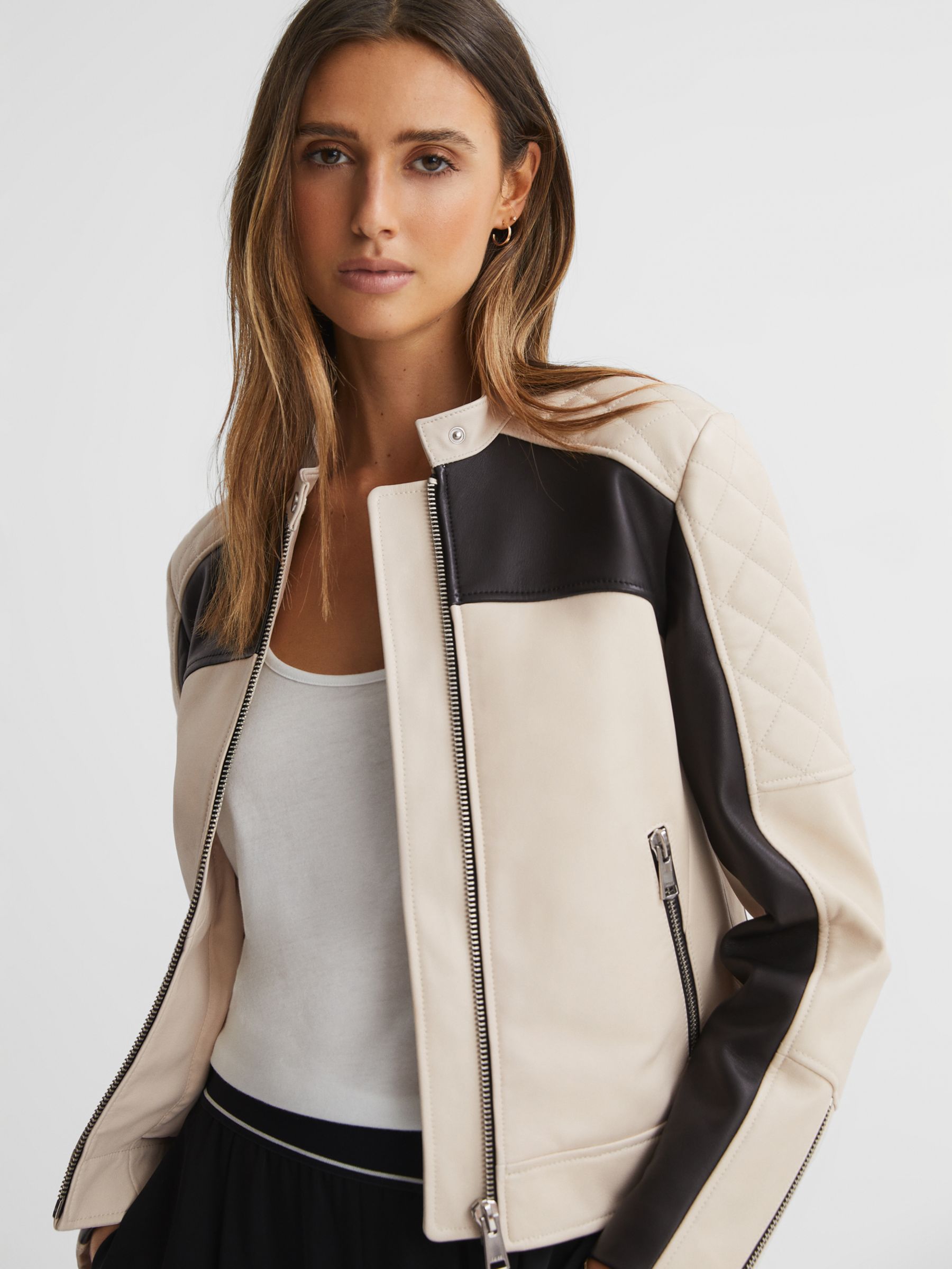 Reiss Adelaide Collarless Quilted Leather Jacket, Black/Neutral