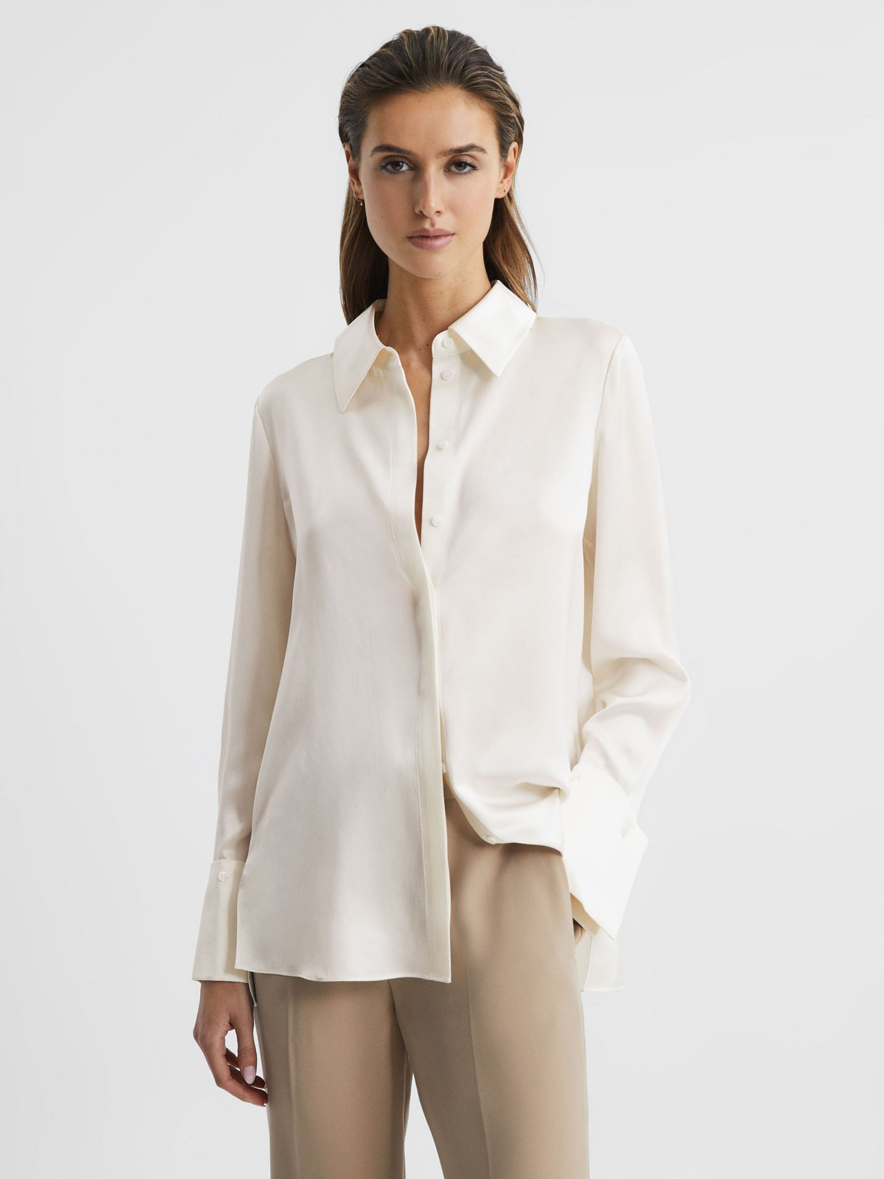 Reiss Petite Hailey Plain Long Sleeve Silk Shirt, Ivory at John Lewis ...