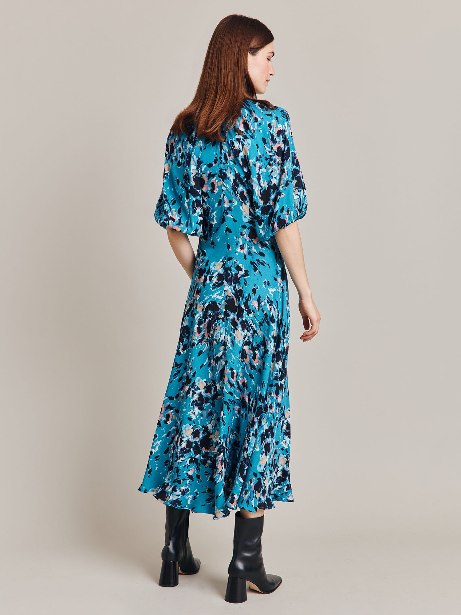 Buy Ghost Dana Blouson Sleeve Midi Dress, Blue Inky Flowers Online at johnlewis.com
