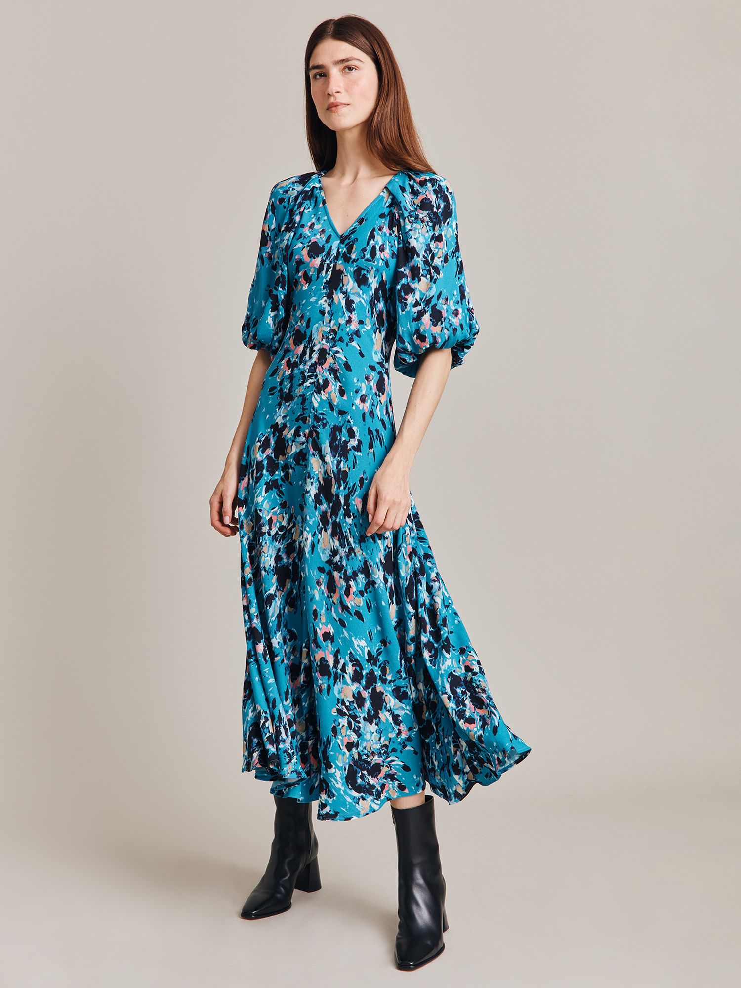 Buy Ghost Dana Blouson Sleeve Midi Dress, Blue Inky Flowers Online at johnlewis.com