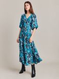Ghost Dana Blouson Sleeve Midi Dress, Blue Inky Flowers