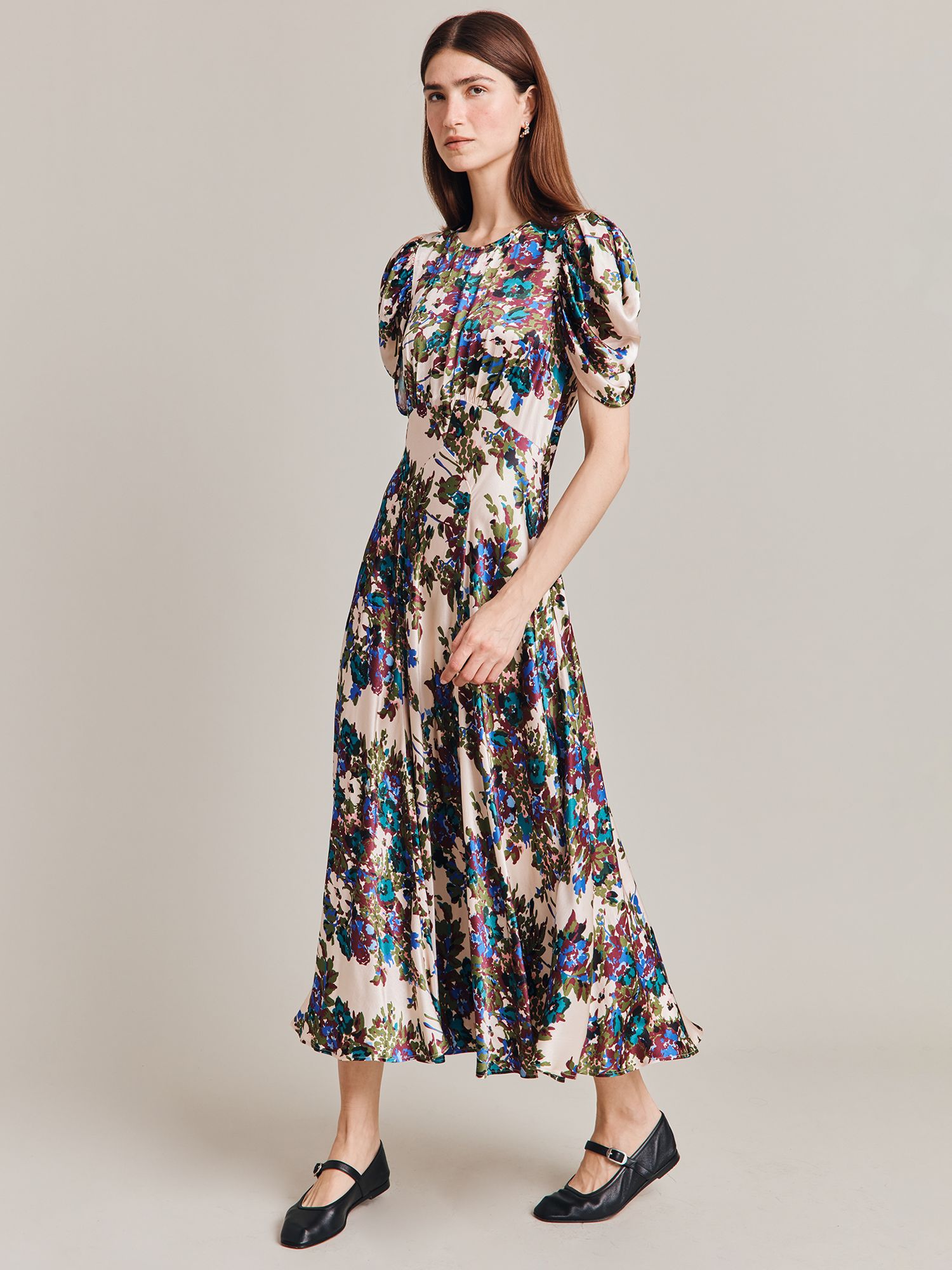 Ghost Beatrix Floral Satin Midi Dress, Green Floral