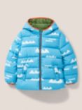 White Stuff Kids' Mountain Print Hooded Puffer Jacket, Blue