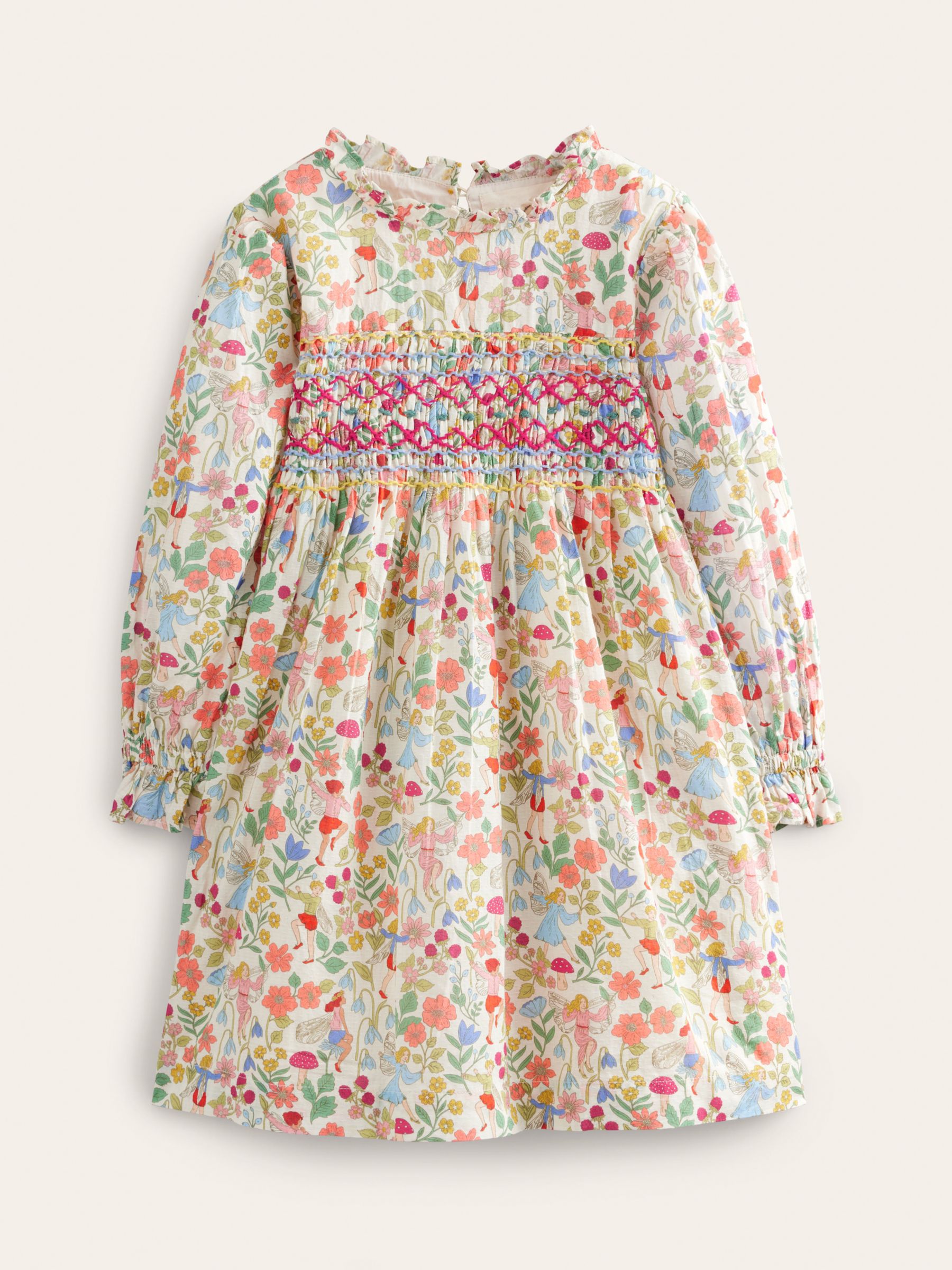 Mini Boden Kids' Cotton Dobby Printed Smocked Dress, Vanilla Fairies, 12-18  months