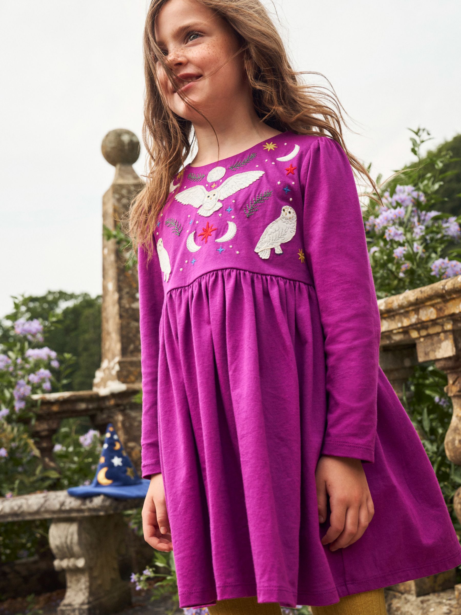 Mini Boden Kids' Owl Applique Jersey Dress, Chrysanthemum Purple