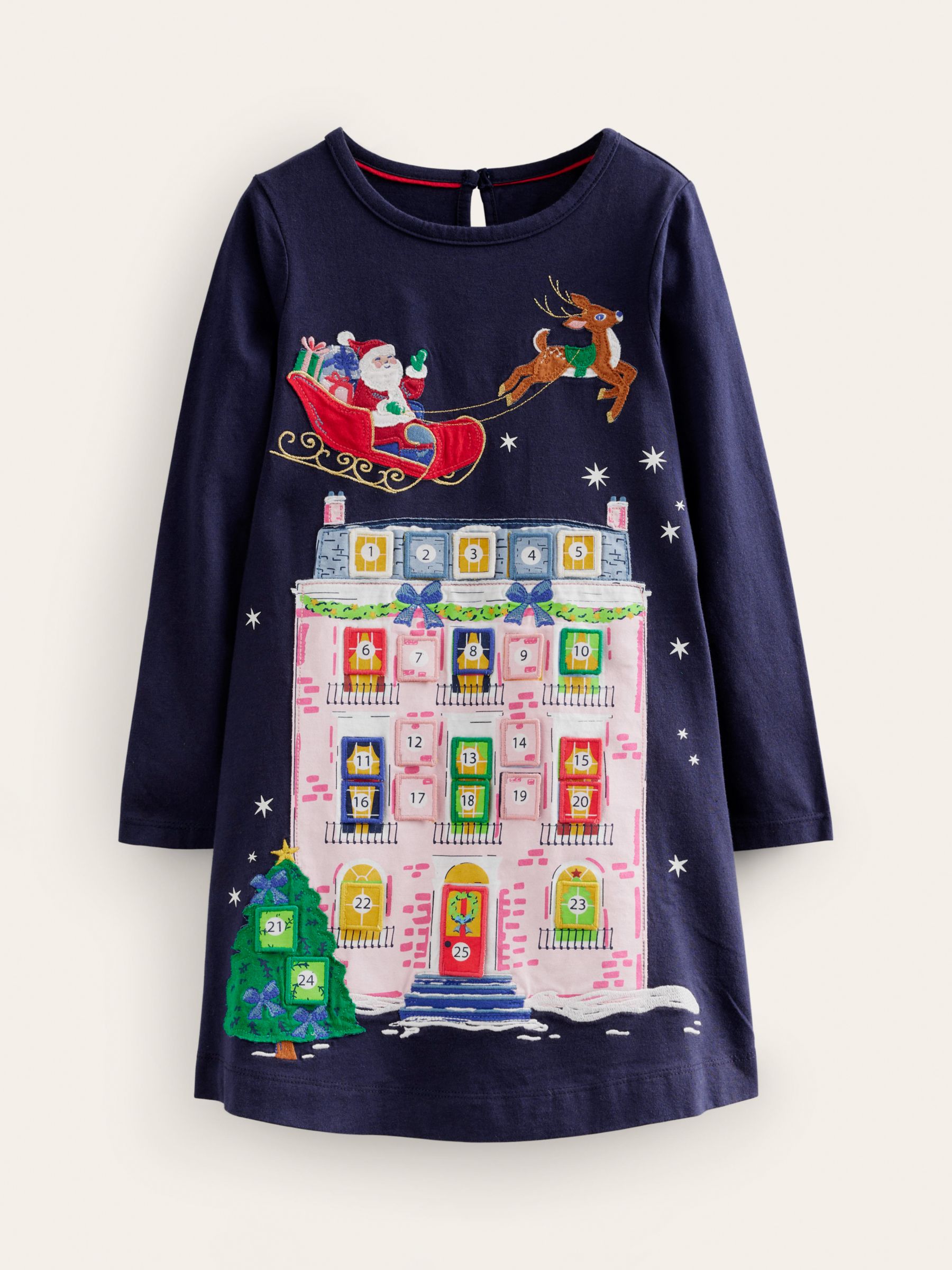 Mini Boden Kids #39 Christmas Advent Calendar Applique Dress French Navy