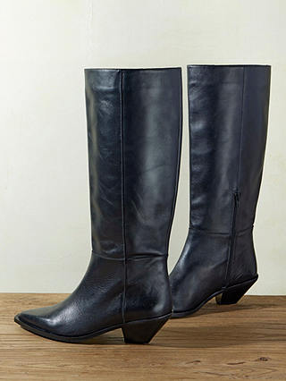 Mint Velvet Leather Cowboy Knee Boots, Black