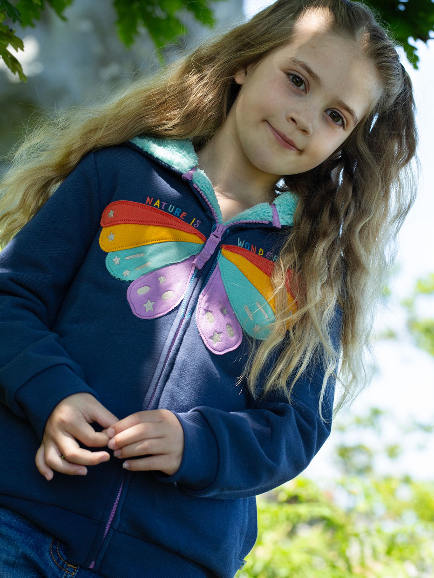 Buy Frugi Kids' Ted Butterfly Fleece Lined Hoodie, Indigo Online at johnlewis.com