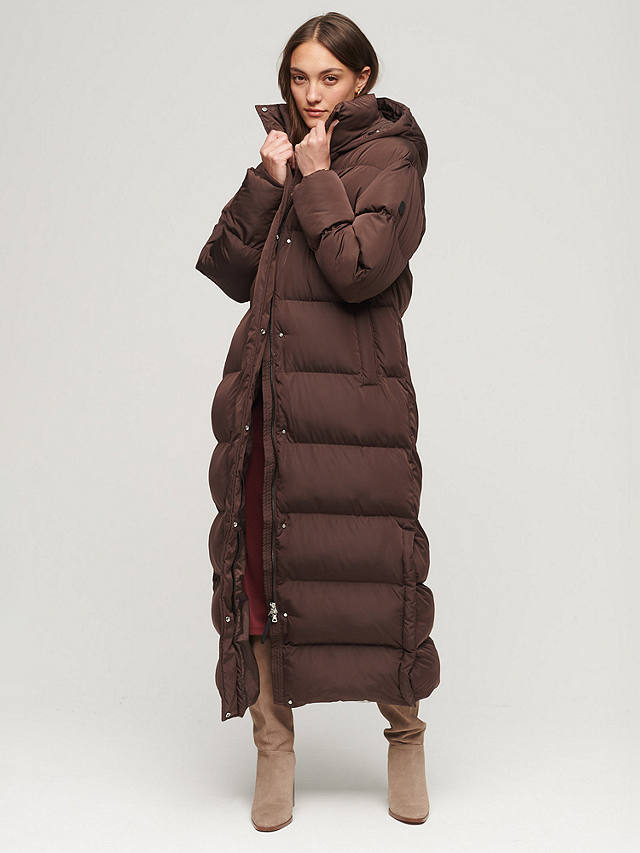Superdry Maxi Hooded Puffer Coat, Coffee Bean Brown
