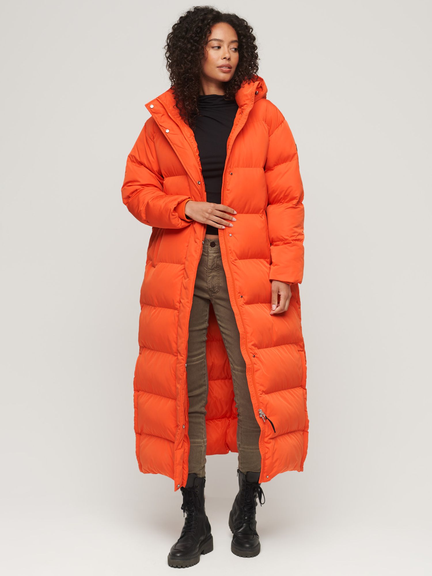 Superdry Maxi Hooded Puffer Coat, Bold Orange at John Lewis & Partners