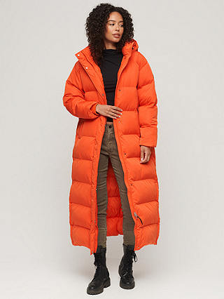 Superdry Maxi Hooded Puffer Coat, Bold Orange