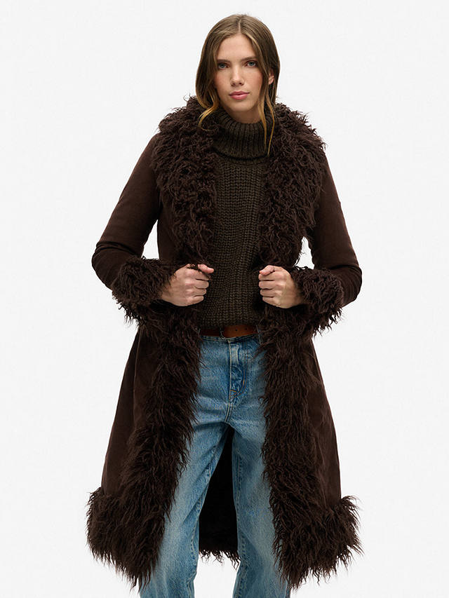 Superdry Faux Fur Lined Longline Afghan Coat, Dark Brown Cord