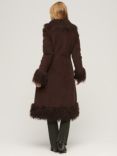 Superdry Faux Fur Lined Longline Afghan Coat, Dark Brown Cord