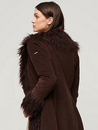 Superdry Faux Fur Lined Longline Afghan Coat, Dark Brown Cord