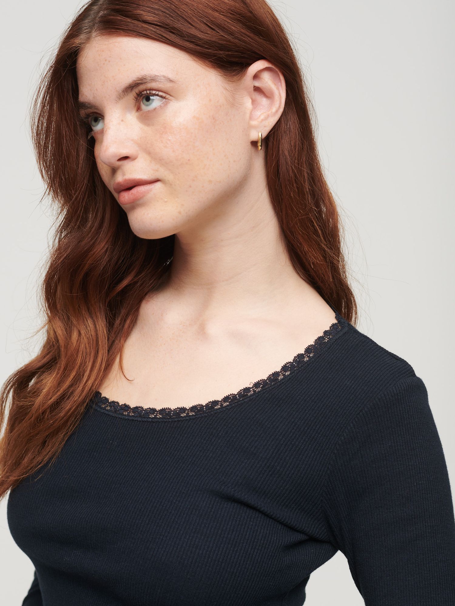 Superdry Essential Long Sleeve Rib Lace Top, Eclipse Navy Marl at