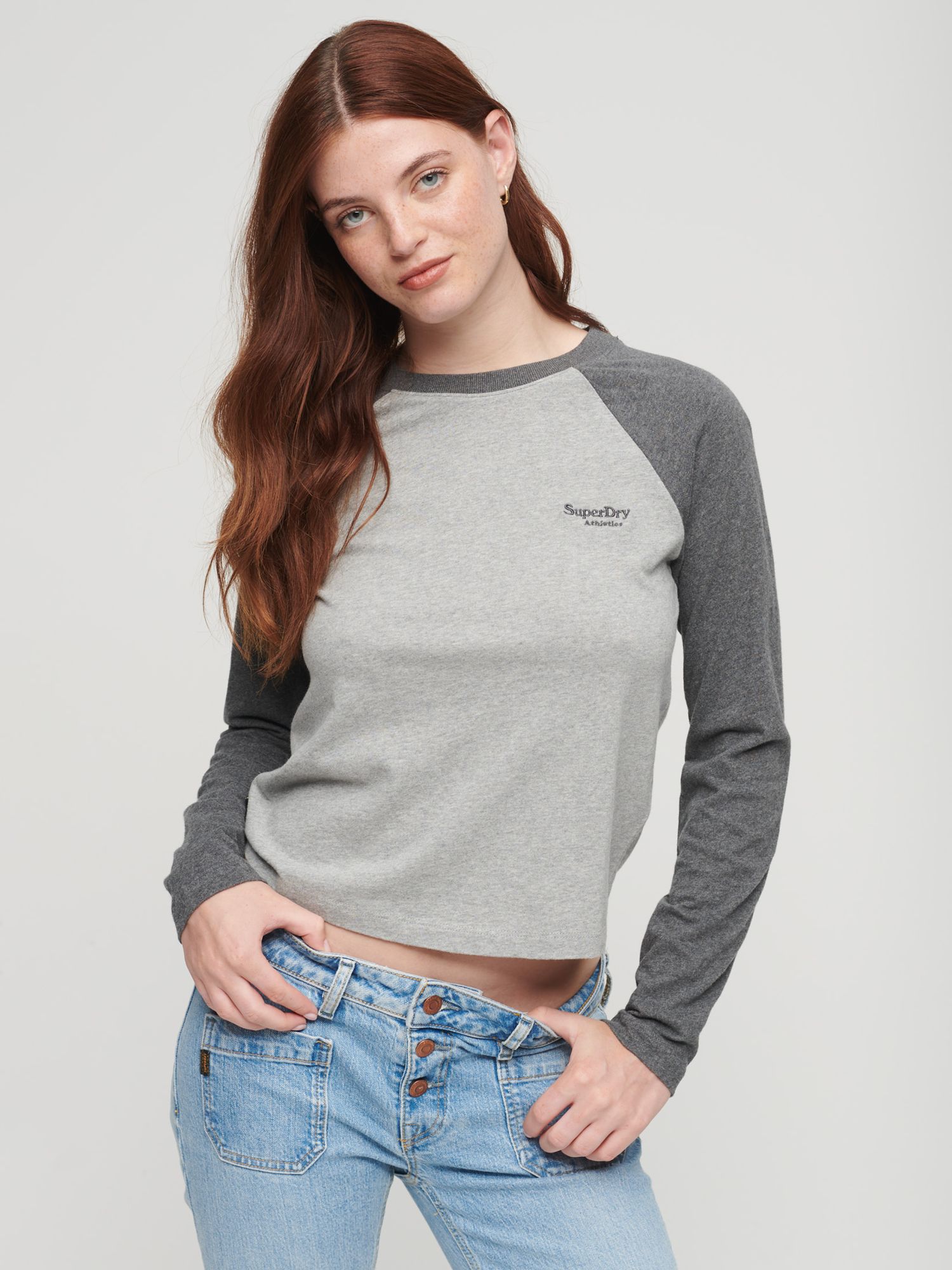 Superdry Essential Logo Baseball Top, Rich Charcoal Grey at John Lewis ...