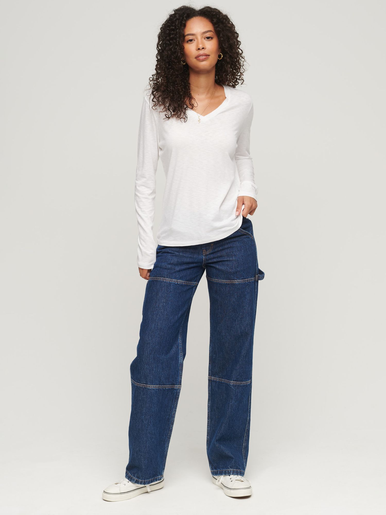 Superdry Long Sleeve Jersey V-Neck Top, Optic White at John Lewis & Partners