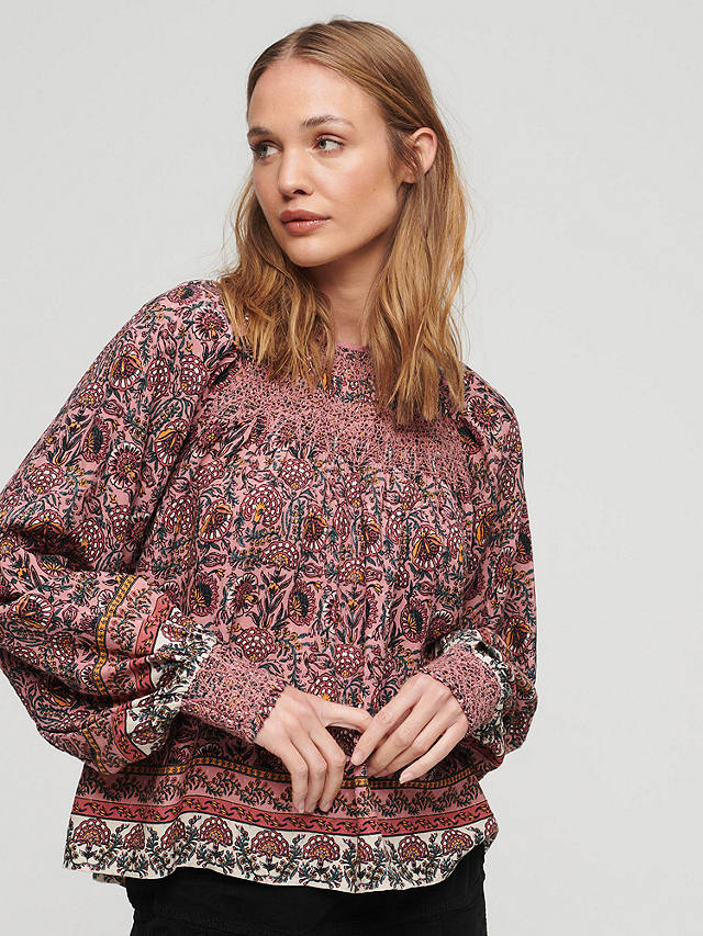 Superdry Printed Smocked Woven Top, French Floral Peach