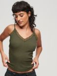 Superdry Organic Cotton Essential Rib Lace Cami, Olive Green