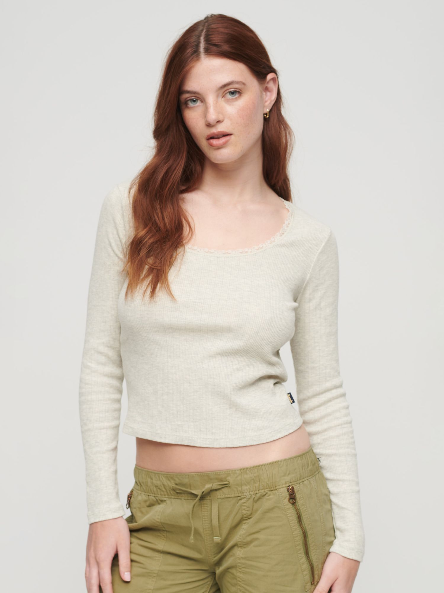 Superdry Essential Long Sleeve Rib Lace Top, Queen Cream Marl at John ...