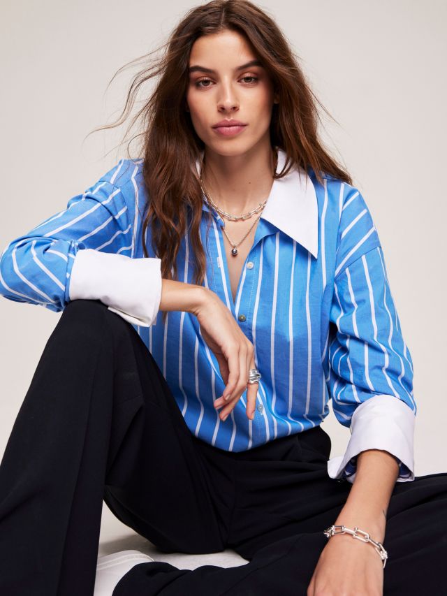 Mint Velvet Striped Cotton Blend Shirt, Blue/White, XS