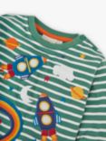 JoJo Maman Bébé Kids' Rockets Striped T-Shirt, Green/Multi