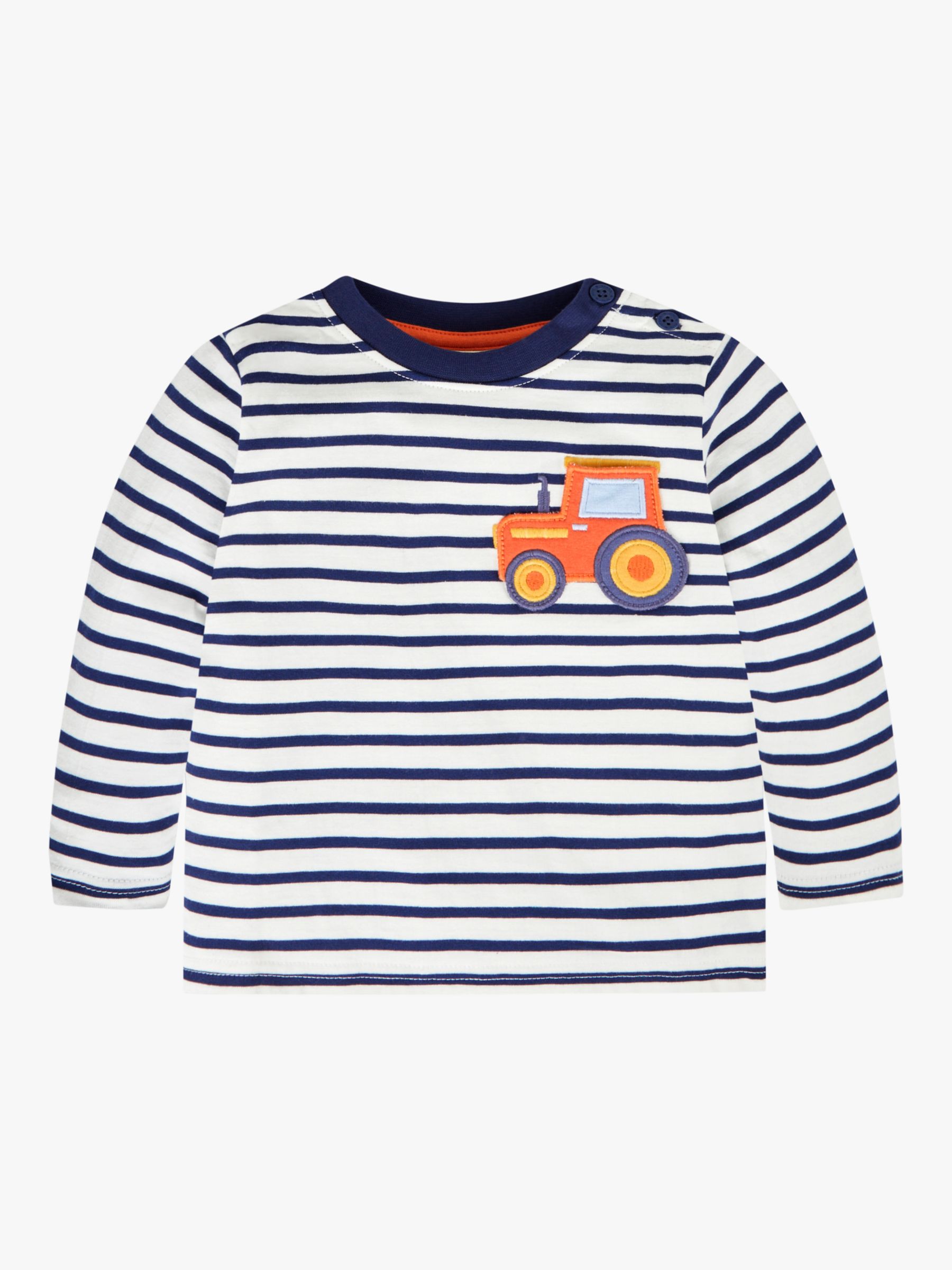 JoJo Maman Bébé Kids' Tractor Striped T-Shirt, White/Navy