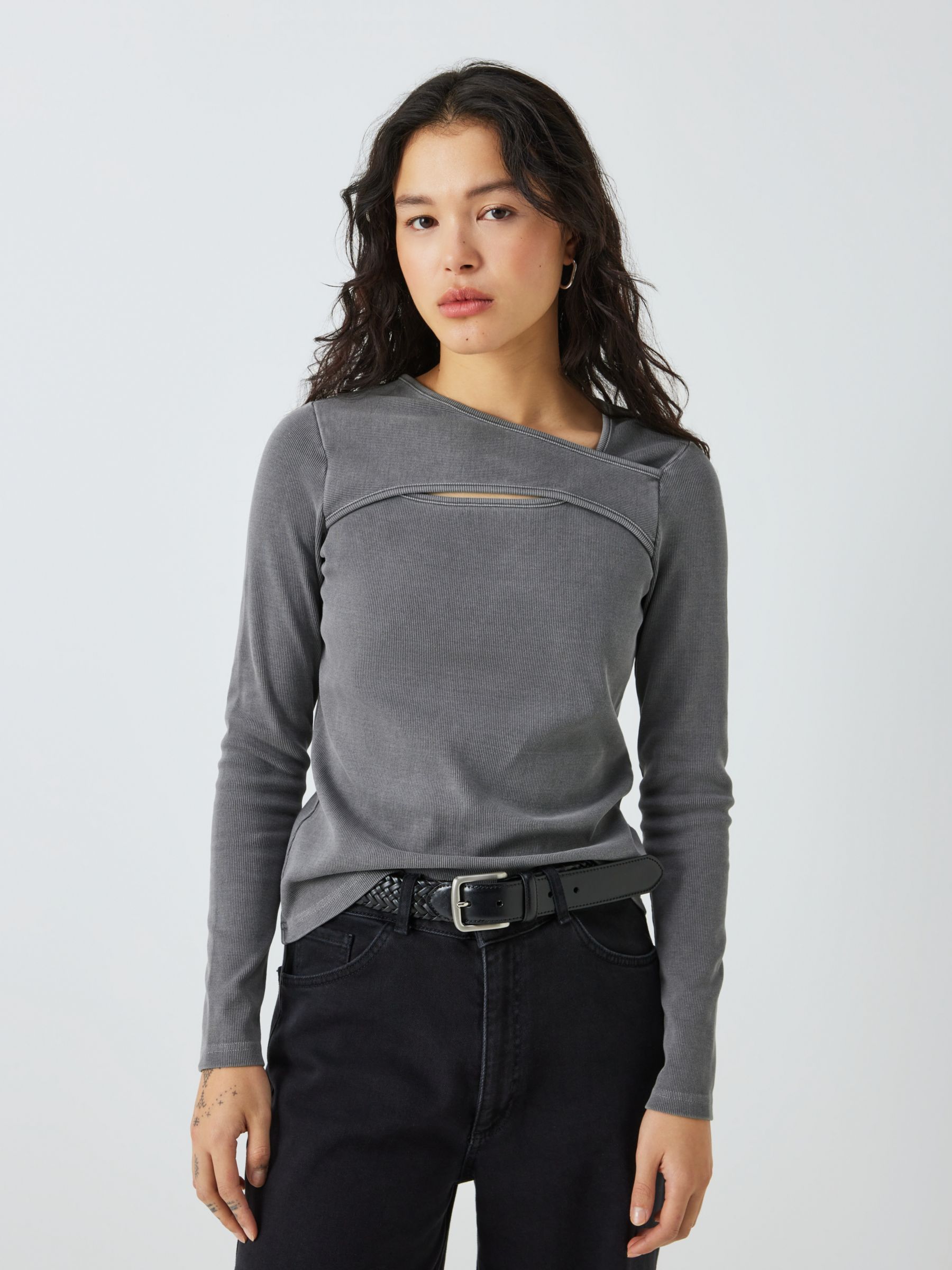 AND/OR Zayla Ribbed Jersey Top, Washed Grey at John Lewis & Partners
