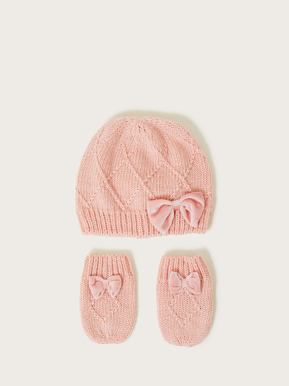 Monsoon Baby Knitted Bow Detail Beanie and Mitten Set, Pink