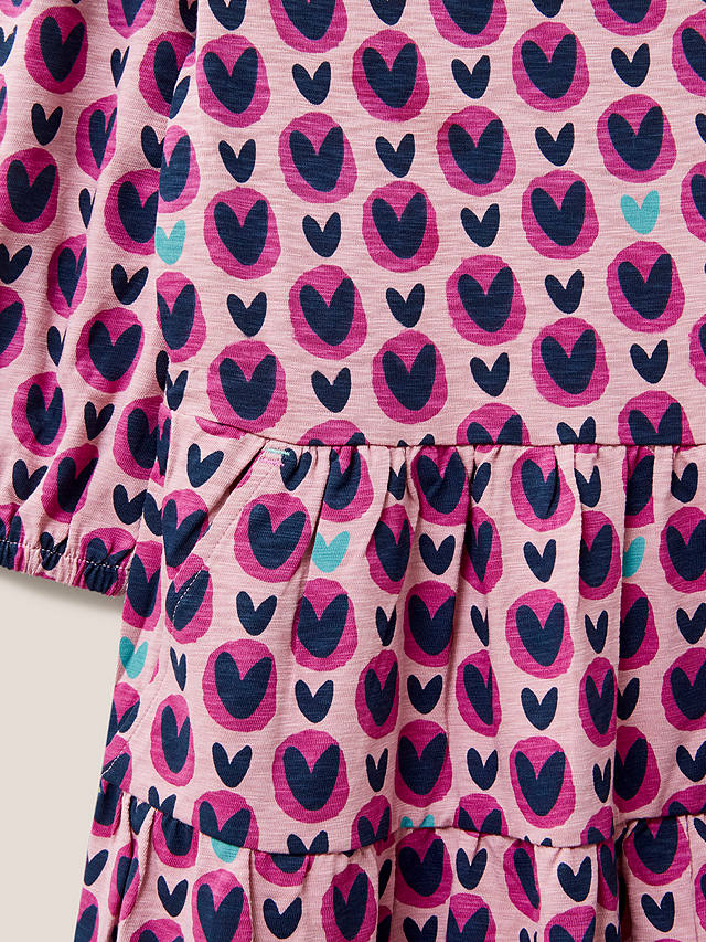 White Stuff Kids' Heart Print Jersey Dress, Pink/Multi