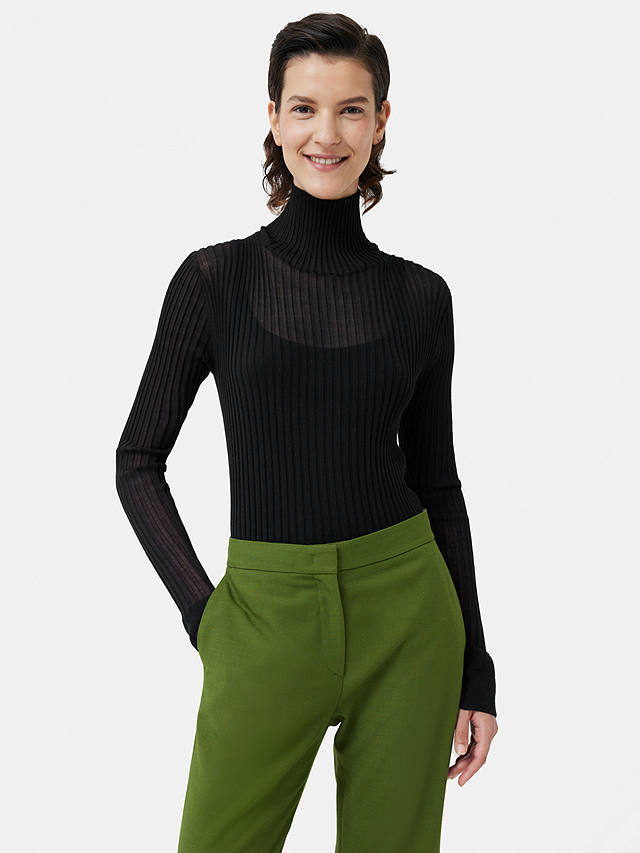 Jigsaw Fluted Sleeve Plisse Knit Top, Black at John Lewis & Partners