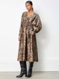 Albaray Smudgy Animal Print Gathered Waist Midi Satin Dress, Brown