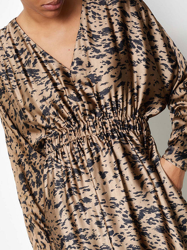Albaray Smudgy Animal Print Gathered Waist Midi Satin Dress, Brown