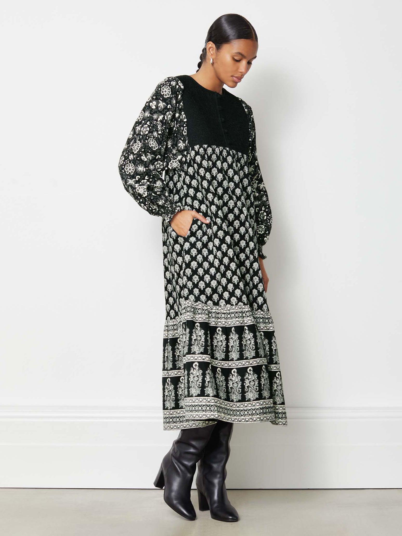 Albaray Cotton Cord Midi Dress, Black/Multi at John Lewis & Partners