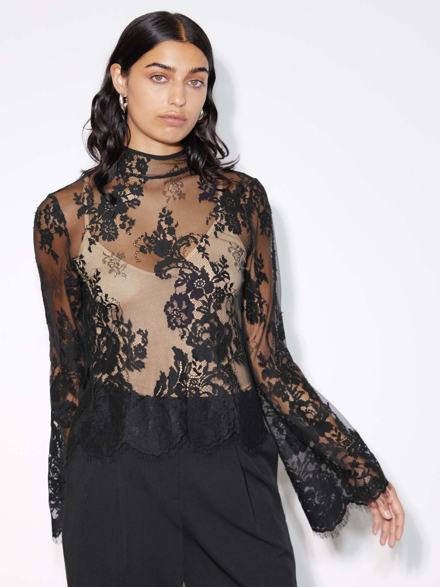 Albaray Flared Cuff Lace Top, Black at John Lewis & Partners