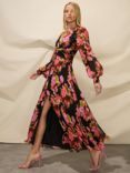 Ro&Zo Blurred Floral Wrap Midi Dress, Black/Multi