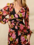 Ro&Zo Blurred Floral Wrap Midi Dress, Black/Multi