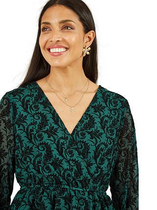 Mela London Velour Printed Long Sleeve Floral Wrap Top, Green