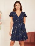 Yumi Mela London Foil Star Print Wrap Skater Dress, Navy