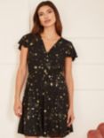 Yumi Mela London Foil Star Print Wrap Skater Dress, Black
