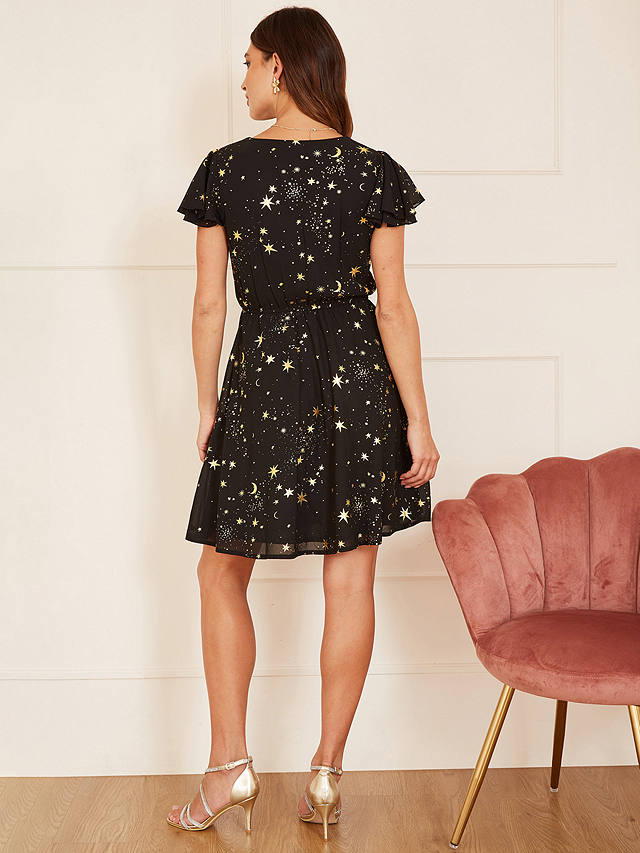 Yumi Mela London Foil Star Print Wrap Skater Dress, Black