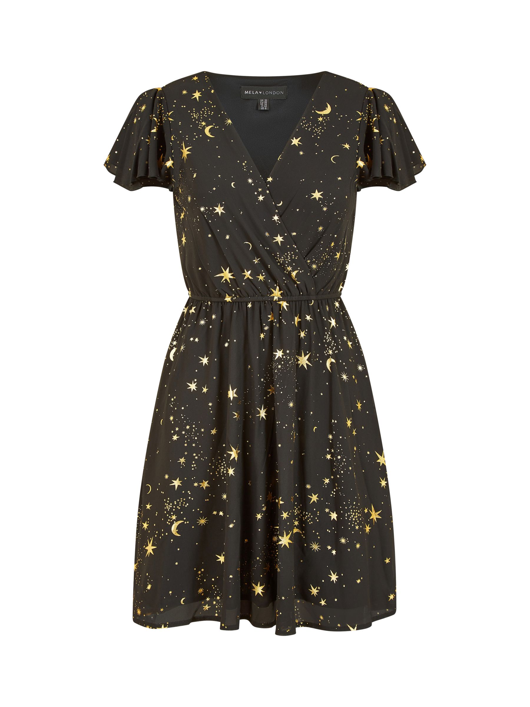 Yumi Mela London Foil Star Print Wrap Skater Dress, Black, 10