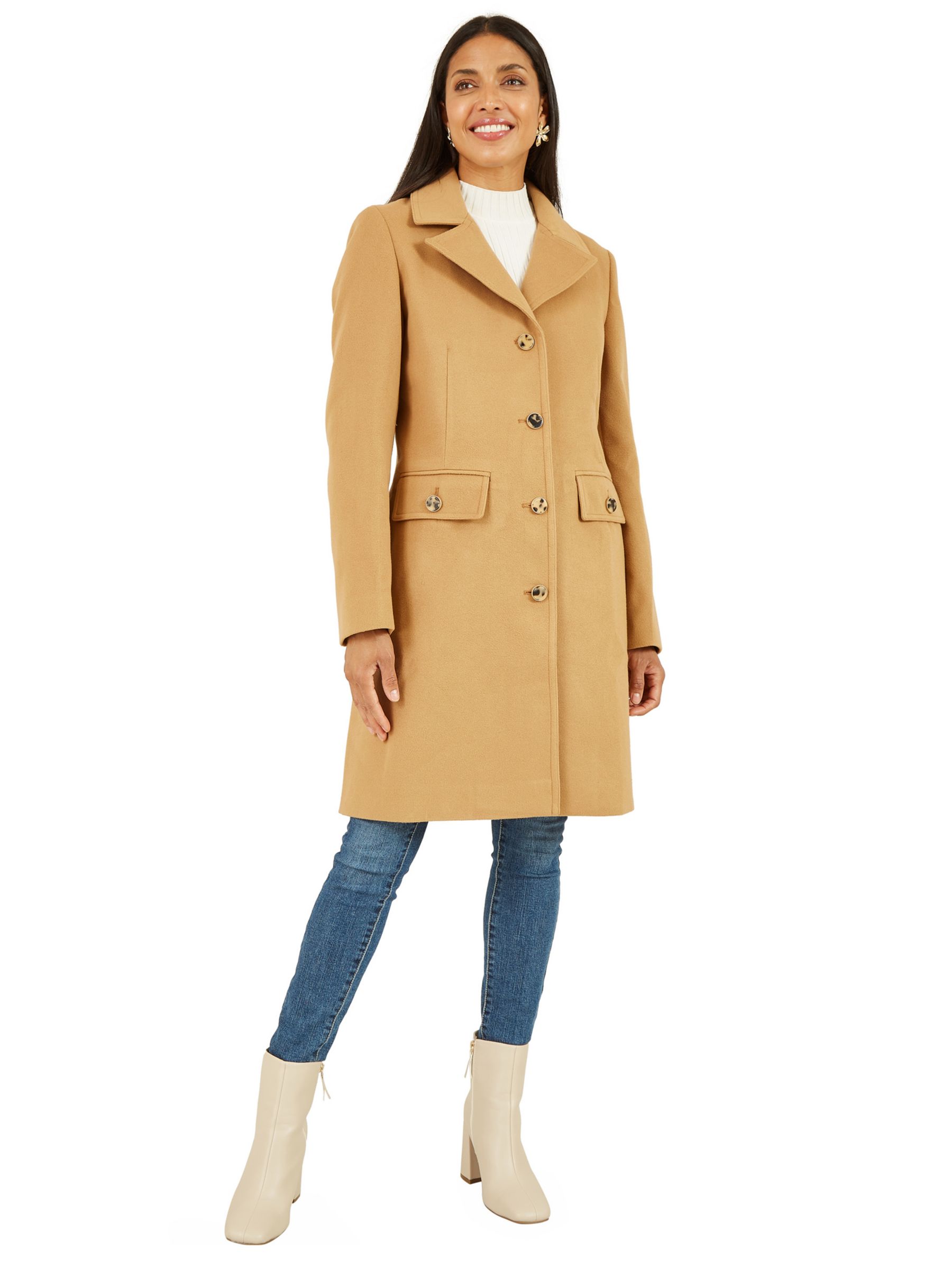 Yumi Military Button Tailored Coat, Camel