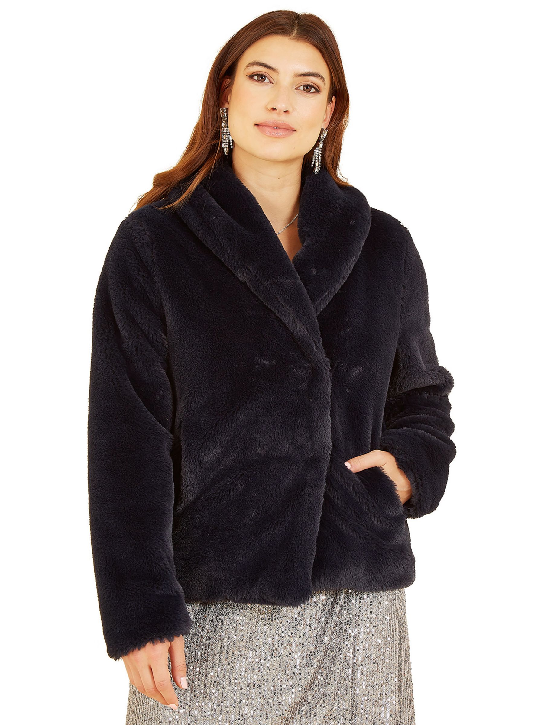Yumi Short Wrap Faux Fur Coat, Black at John Lewis & Partners