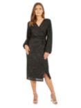 Yumi Sequin Ruched Long Sleeve Wrap Dress, Black