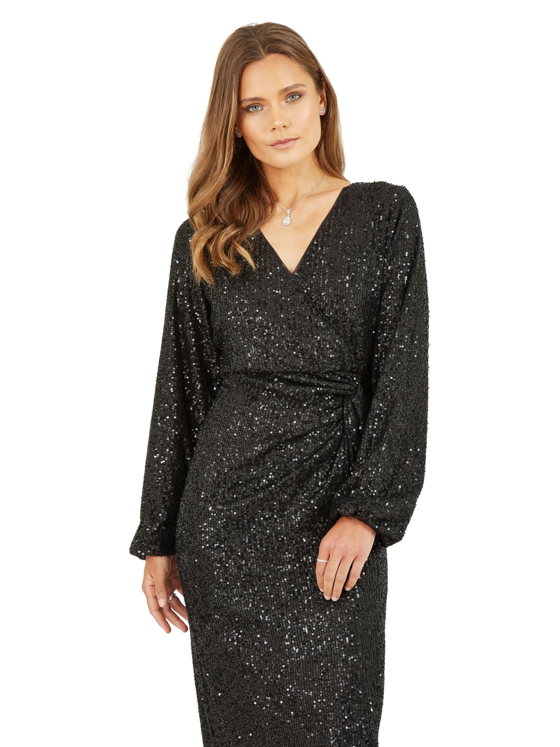 Yumi Sequin Ruched Long Sleeve Wrap Dress, Black at John Lewis & Partners