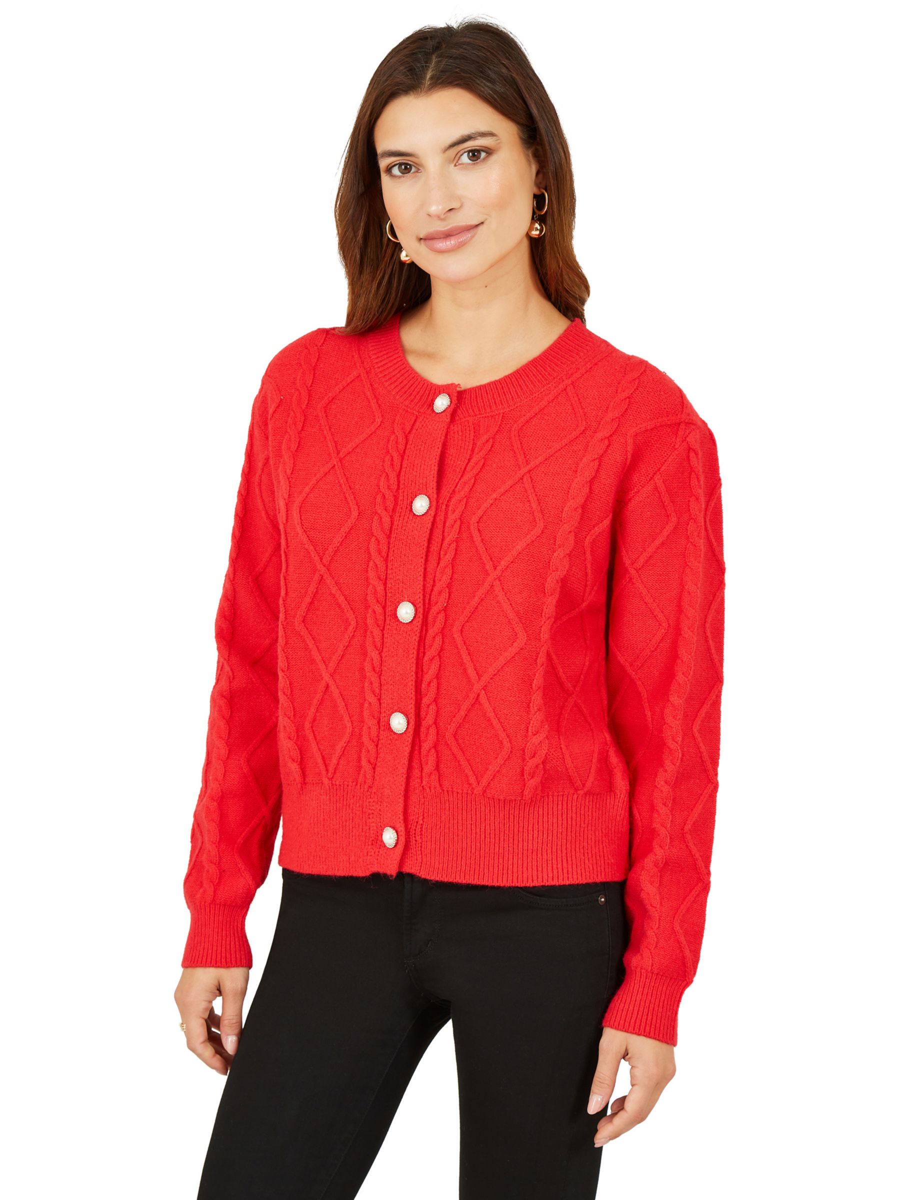 Yumi Cable Knit Cardigan, Red at John Lewis & Partners