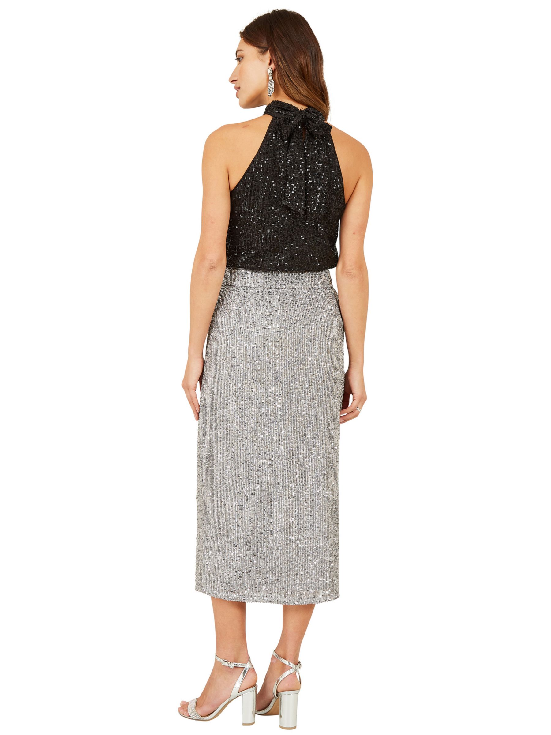 Yumi Sequin Fitted Midi Skirt, Silver, 8