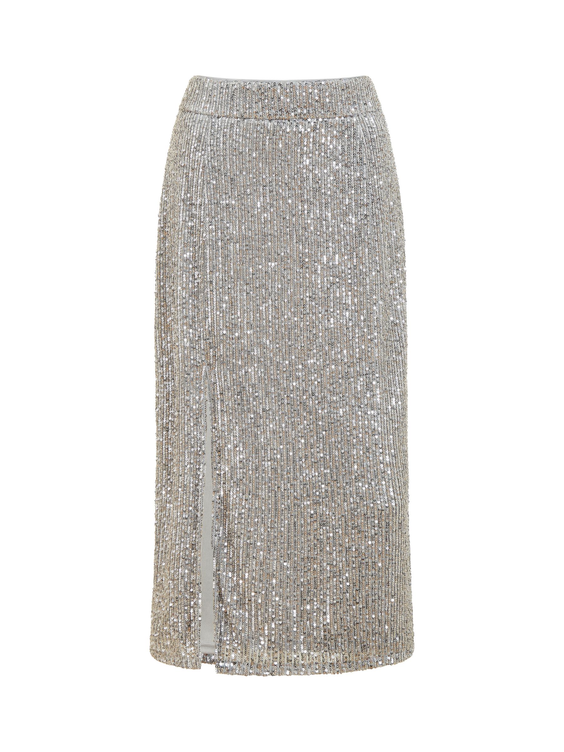 Yumi Sequin Fitted Midi Skirt, Silver, 8
